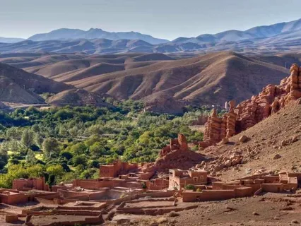 7 Days Morocco Itinerary:Marrakech Souk – "Vibrant market in Marrakech with colorful spices, textiles, and traditional Moroccan crafts..Atlas Mountains – "Scenic view of the High Atlas Mountains with rugged peaks and Berber villages..Sahara Desert Camel Ride – "Tourists riding camels over golden sand dunes during a Sahara Desert.Luxury Desert Camp – "Luxury glamping tents under the stars in the Moroccan Sahara Desert." Ait Ben Haddou – "Ancient fortified ksar (village) of Ait Ben Haddou, a UNESCO World Heritage Site." Ouarzazate Film Studios – "Famous Atlas Film Studios in Ouarzazate, known as the 'Hollywood of Africa'." Fes Medina – "Narrow alleyways and historic architecture in Fes, Morocco’s oldest imperial city." Chefchaouen Blue Streets – "Picturesque blue-painted streets of Chefchaouen, the 'Blue Pearl' of Morocco."